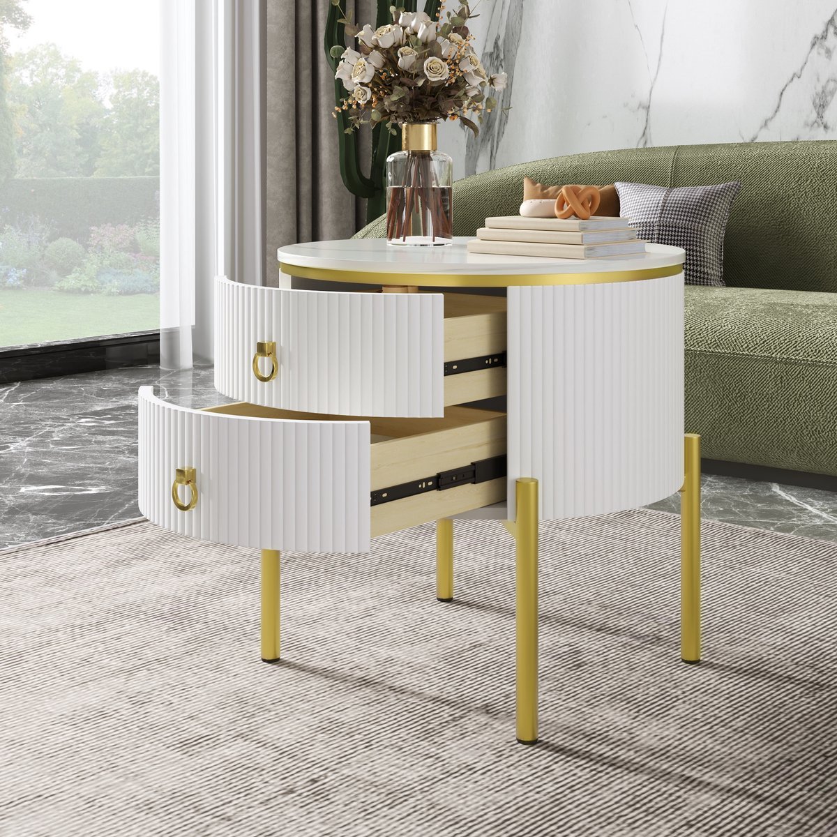 MEUNIQ Ronde bijzettafel 50 x 50 x 51 cm met 2 lades, marmerlook, goudkleurige verstelbare poten en handgrepen voor woonkamer, wit en goud
