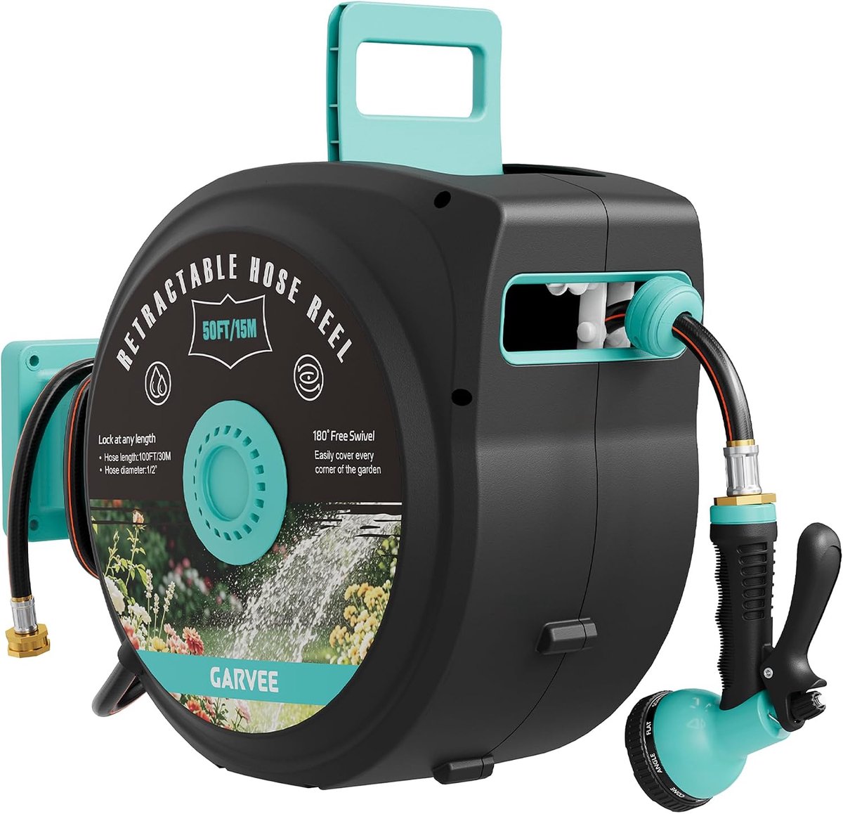 Automatische Wandslangenbox 15m - Tuinslanghaspel 180° Draaibaar met 9 Standen Tuinspuit - Grijs