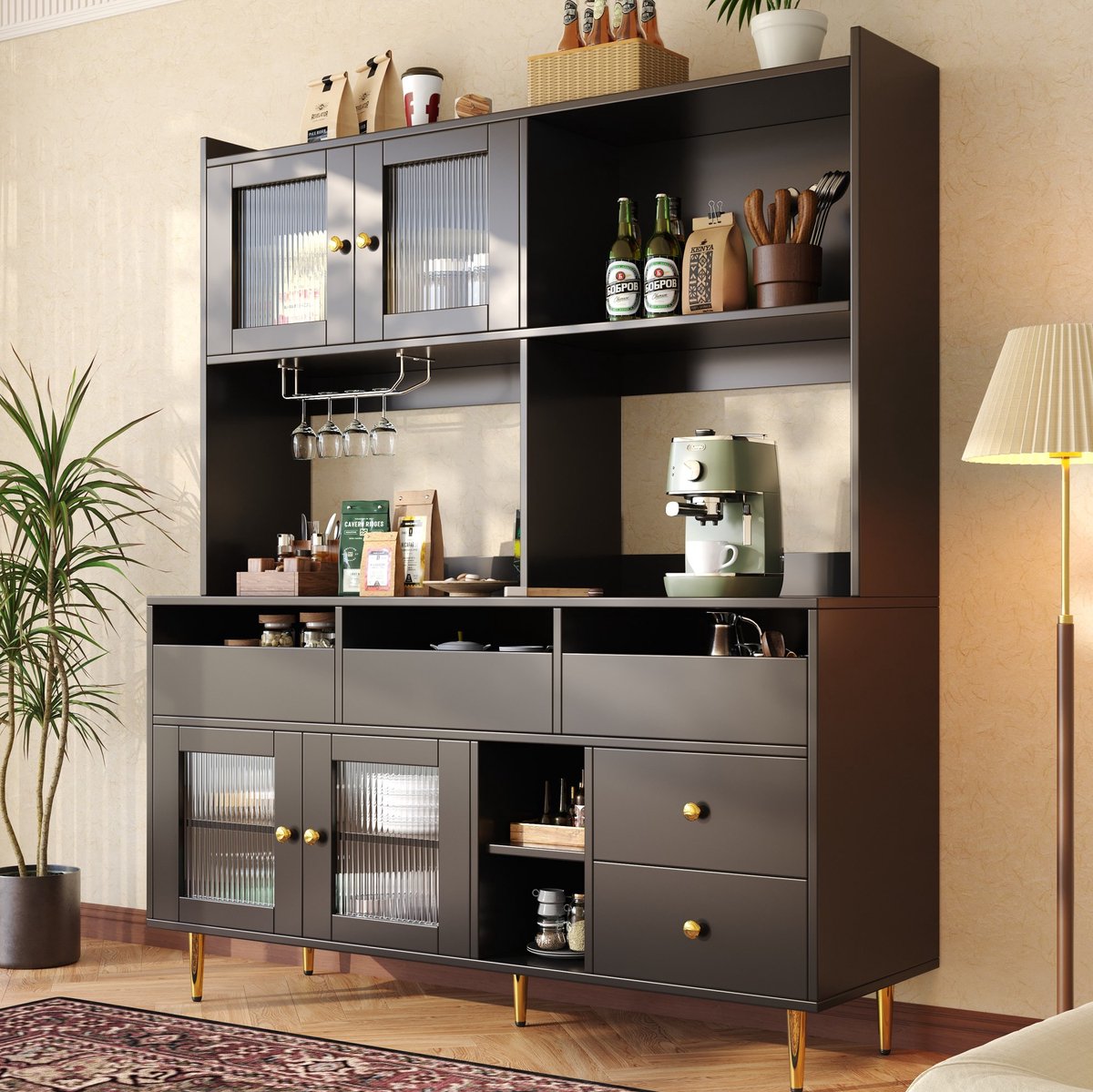 MEUNIQ Dressoir 145 x 39 x 171 cm met geribbelde glazen deuren, wijnrek, lades en open vakken voor eetkamer of keuken, zwart