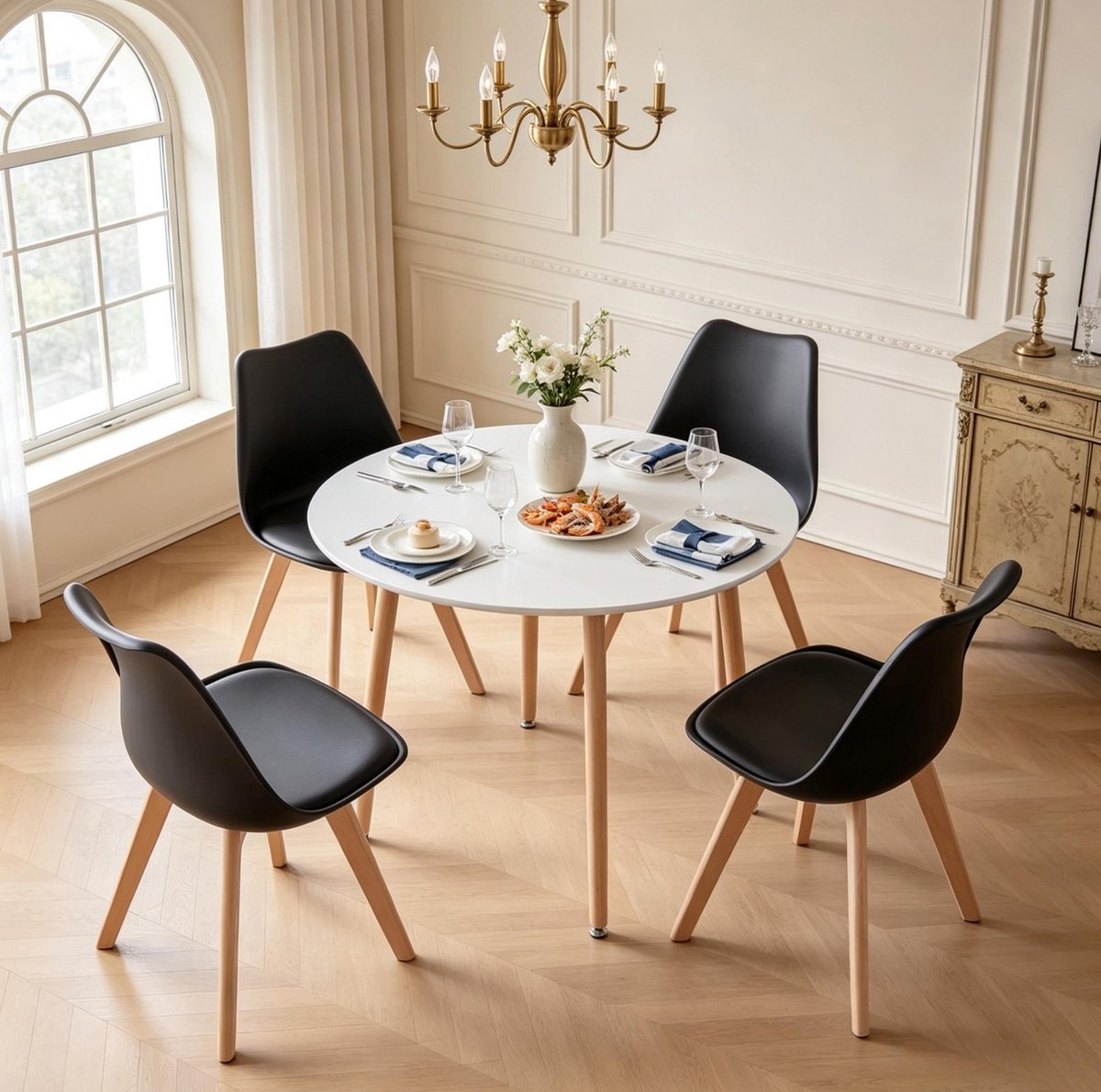 MODFU - Eettafelset - Ronde Tafel Met 4 Stoelen - Modern - Hout En Kunststof - Zwart En Wit
