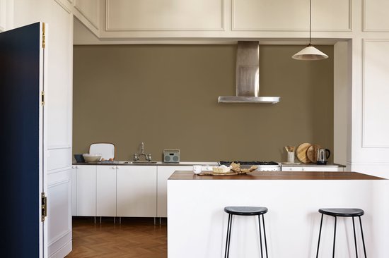 Keuken met aanrecht en kookeiland. Muur geschilderd in de kleur Earthly Calm.