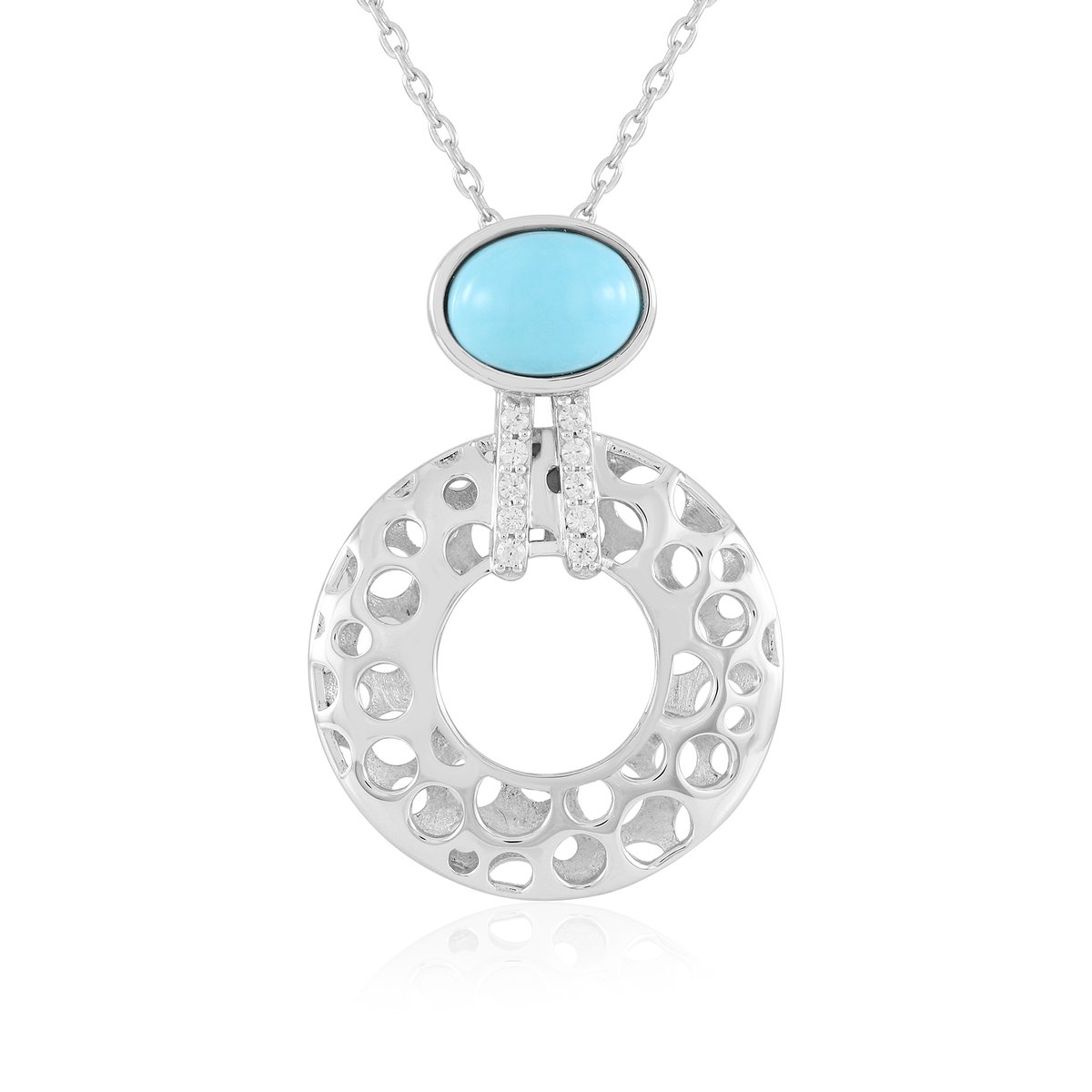 Cavill - Zilveren Halsketting 925 Sterling Zilver - 1,17 ct Sleeping Beauty Turkoois Ovaal Cabochon - 0,12 ct Cambodjaanse Zirkonen - Luxe Modern