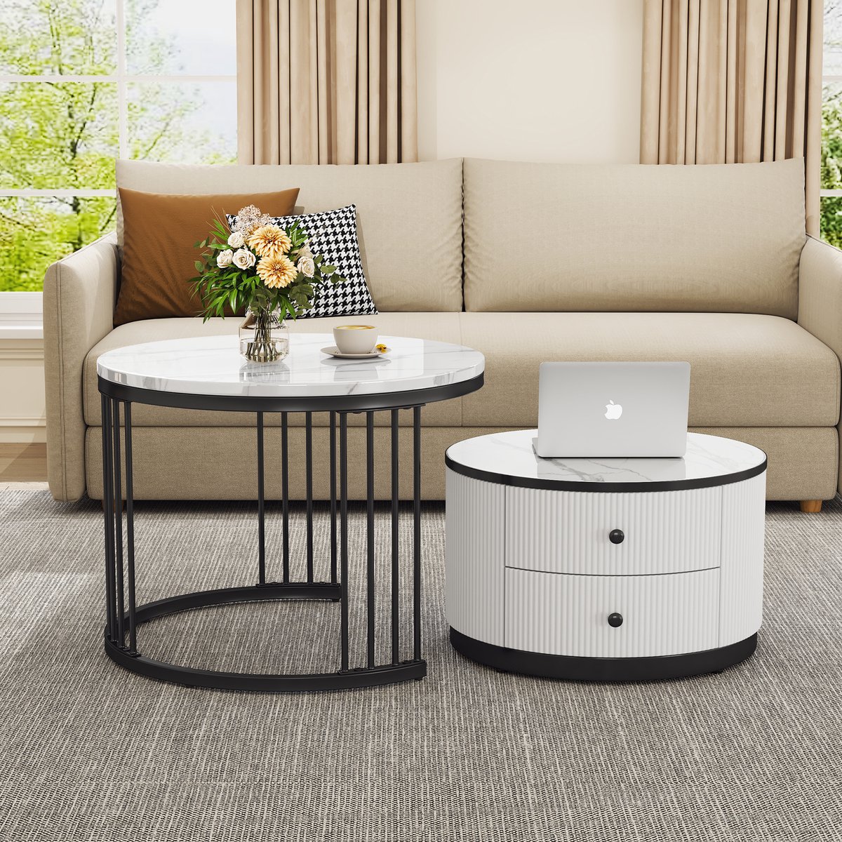 MEUNIQ Salontafelset van 2 ronde tafels 60 en 50 cm met hoogglans marmerlook, 2 lades en 30 kg draagvermogen per tafel voor woonkamer, wit en zwart