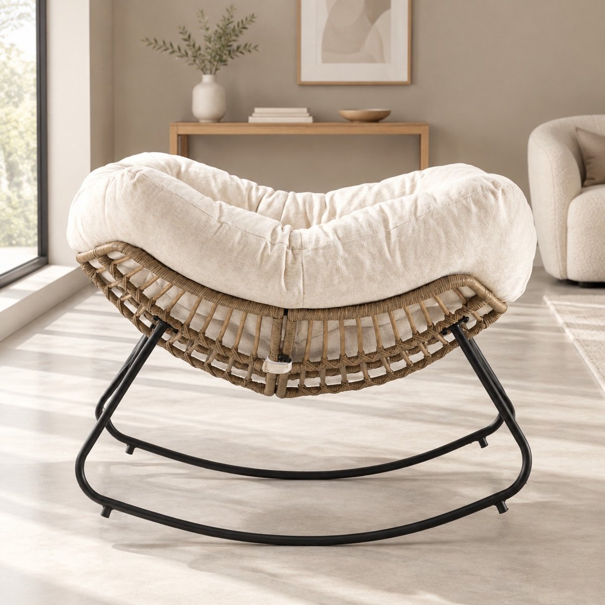 MEUNIQ Schommelstoel fauteuil met chenillebekleding en metalen frame, 95 x 107 x 83 cm, beige, voor woonkamer, slaapkamer en werkkamer
