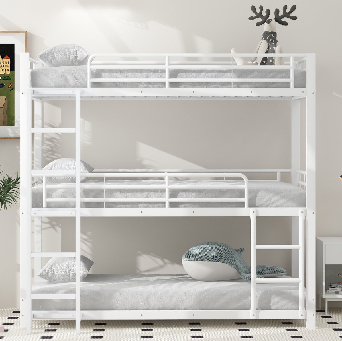 MEUNIQ Driepersoons stapelbed 90 x 200 cm - wit metalen bedframe met vaste ladder, uitvalbeveiliging en lattenbodems voor kinderkamer en slaapzaal