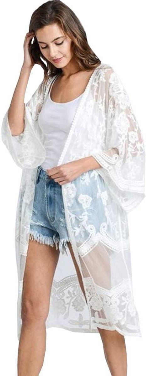 Cardigan lange jurk kant bloemen zomer kimono pareo bikini cover up lichte jas strandjurk