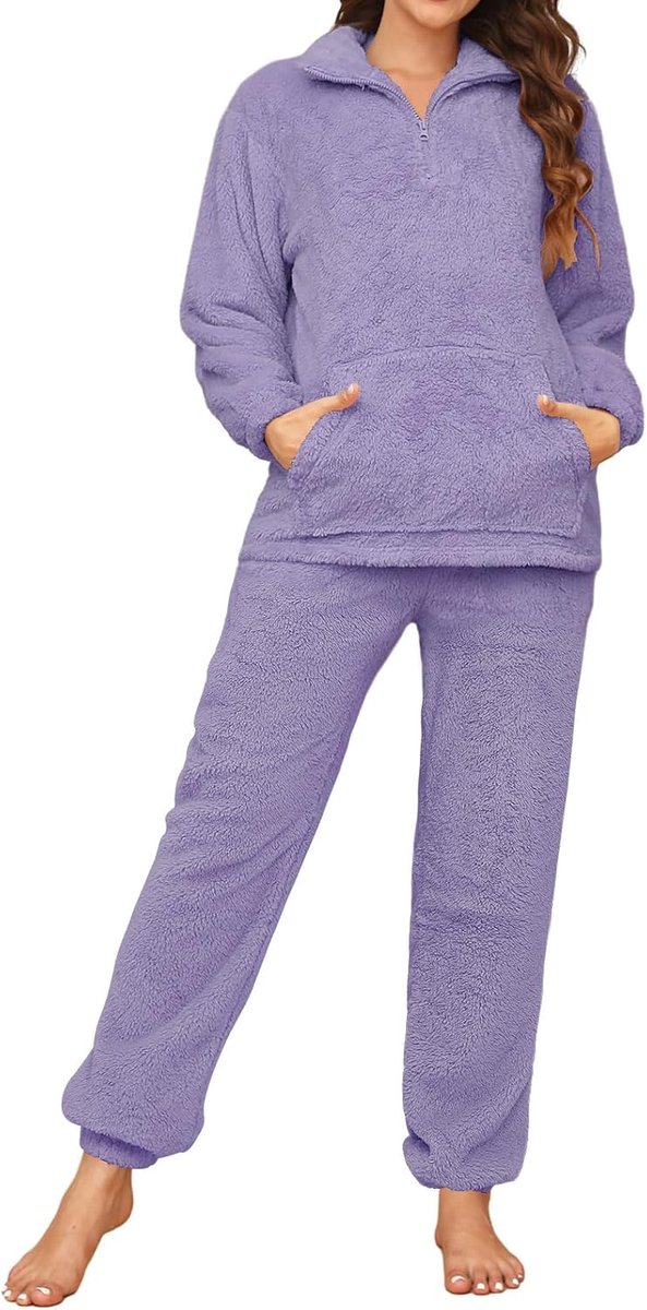 Pyjama voor dames, pluizige pyjamasets met rits, pluche loungekleding, winterfleece, nachtkleding, warme sherpa-shirt en broek met zakken