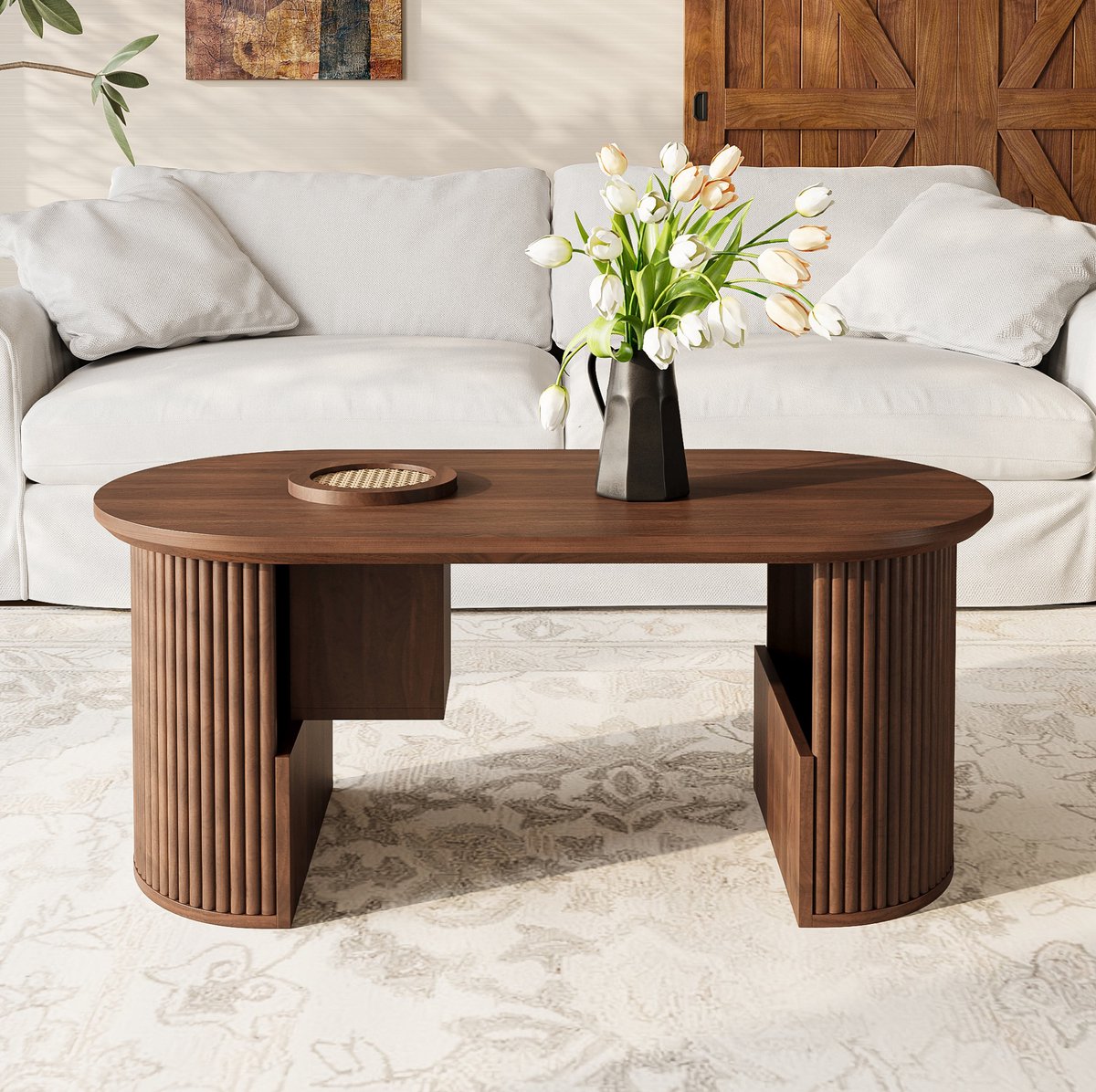 MEUNIQ Ovale salontafel 105 x 50 x 46,5 cm met geïntegreerde opbergruimte, open vakken en afgeronde hoeken voor de woonkamer, walnootkleur
