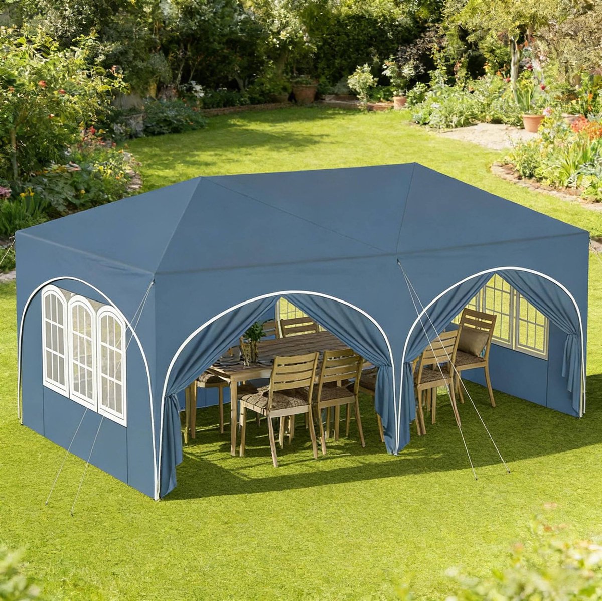 MEUNIQ Partytent Paviljoen 3 x 6 m met 6 afneembare zijwanden, ramen en ritssluitingen, verstelbare hoogte, UV50+ en opbergtas, blauw