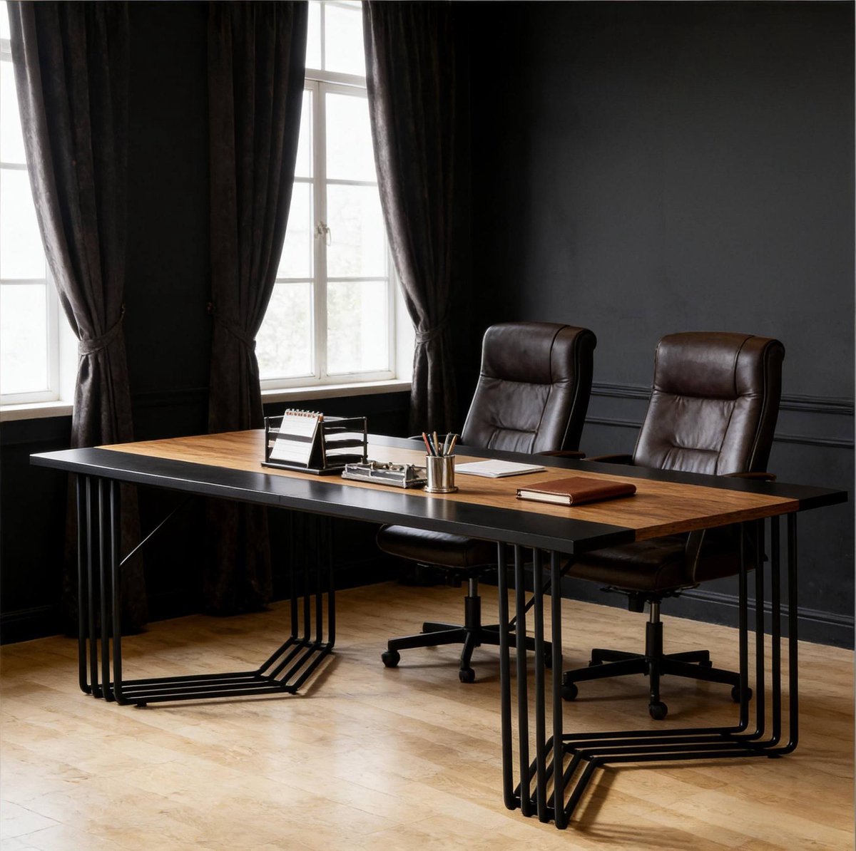 MEUNIQ Bureau en vergadertafel 200 x 100 x 75 cm met MDF tafelblad en zwart metalen frame voor kantoor, thuiskantoor en vergaderruimte, zwart/rustiek bruin