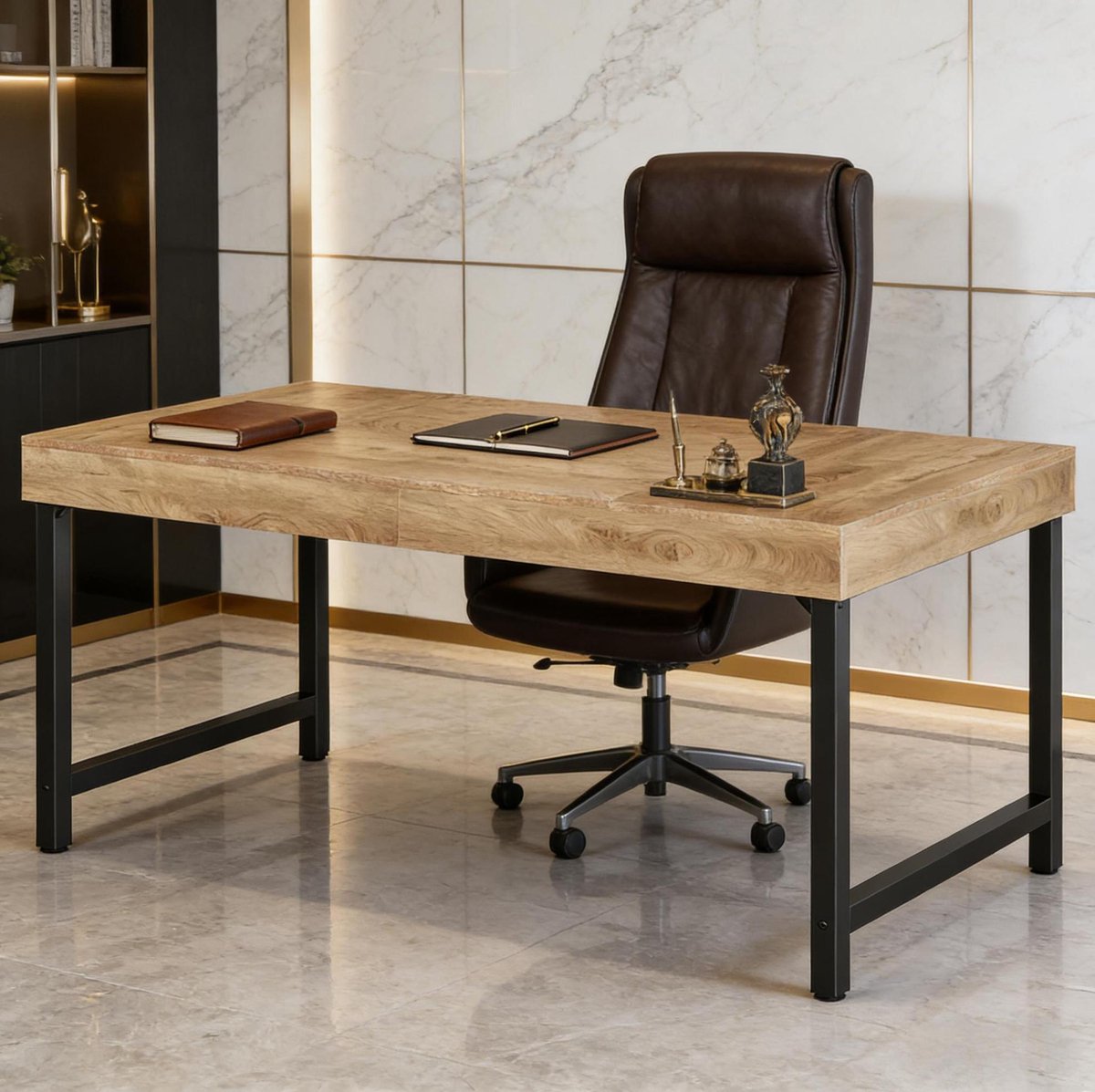MEUNIQ Bureau 140 x 70 x 76 cm - Computertafel en vergadertafel met MDF-blad en zwart metalen frame voor thuiskantoor - Zwart en bruin