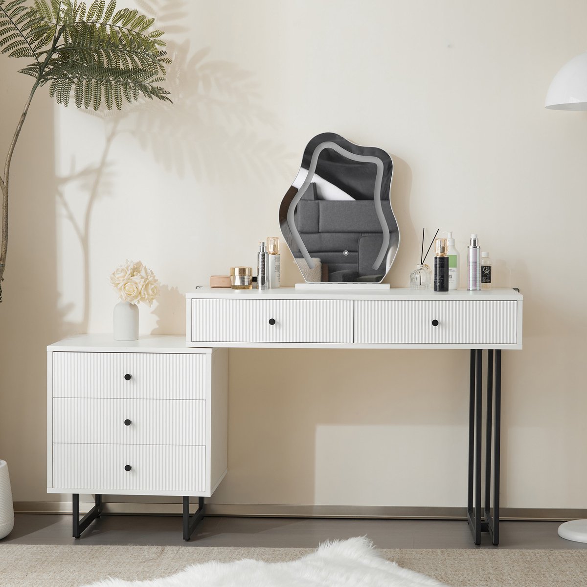 MEUNIQ Kaptafel 100 x 40 x 76 cm met beweegbare spiegel, dimbare LED-verlichting in 3 kleuren, uitschuifbaar blad, 5 lades en zijkast, wit