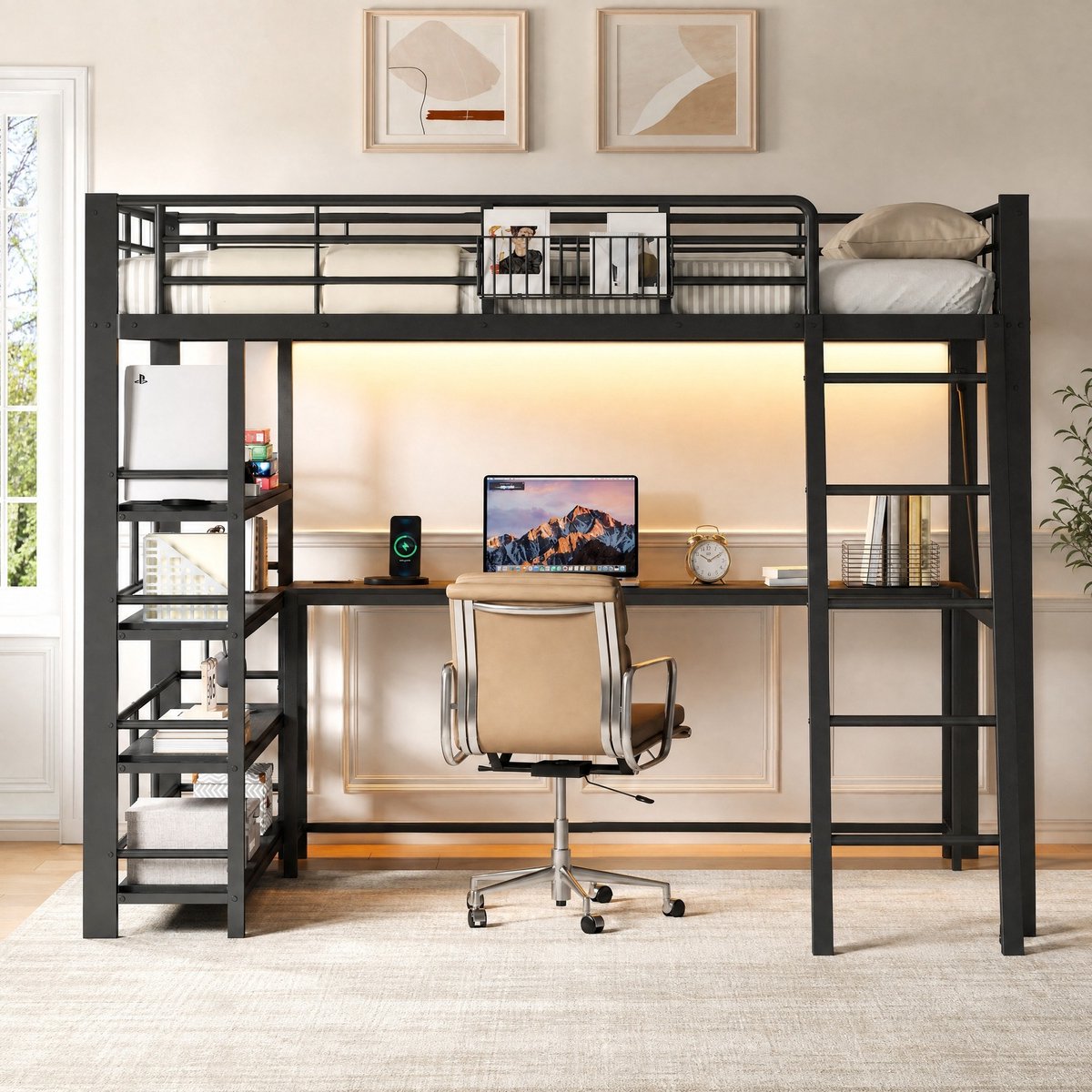 REDOM Hoogslaper - Geïntegreerd bureau en opbergruimte - Ladder en doorlopende valbeveiliging - Metaal en MDF - Zwart - 140 x 200 cm
