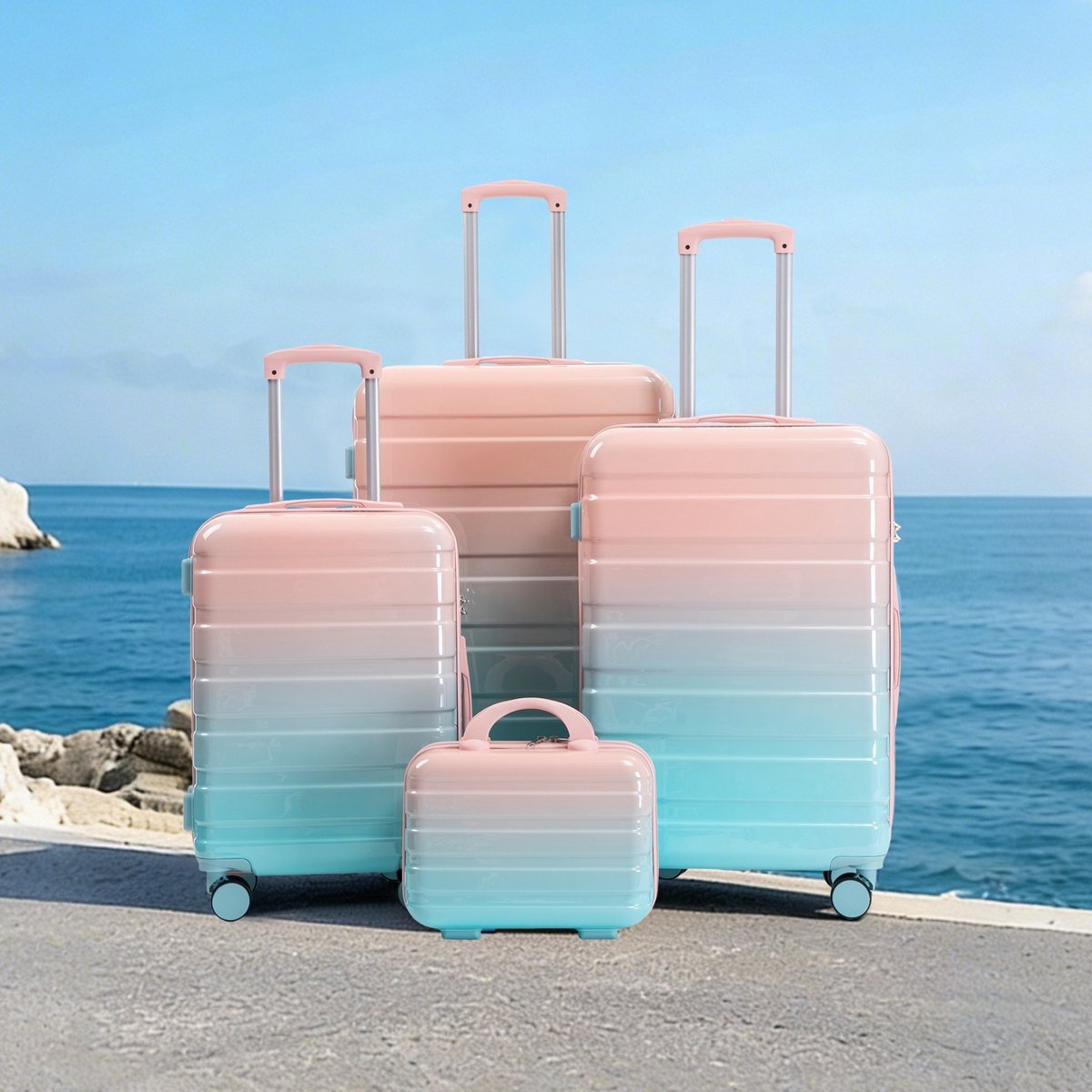 MEUNIQ 4-delige hardcase kofferset van PC – 14 inch cosmetictas, 20/24/28 inch spinners met 3-cijferig cijferslot, dubbele 360° zwenkwielen en telescopische handgreep, Roze