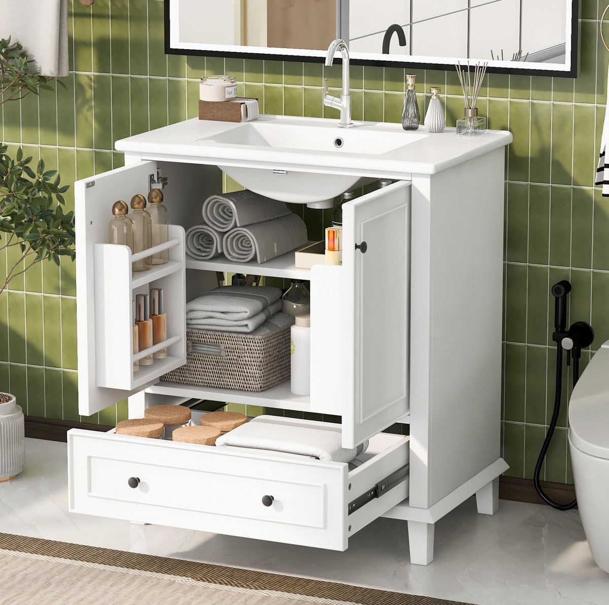 MEUNIQ Staand badkamermeubel 76 x 46 x 87 cm met ingebouwde keramische wastafel, 2 deuren, lade, verstelbare plank en overloop, wit