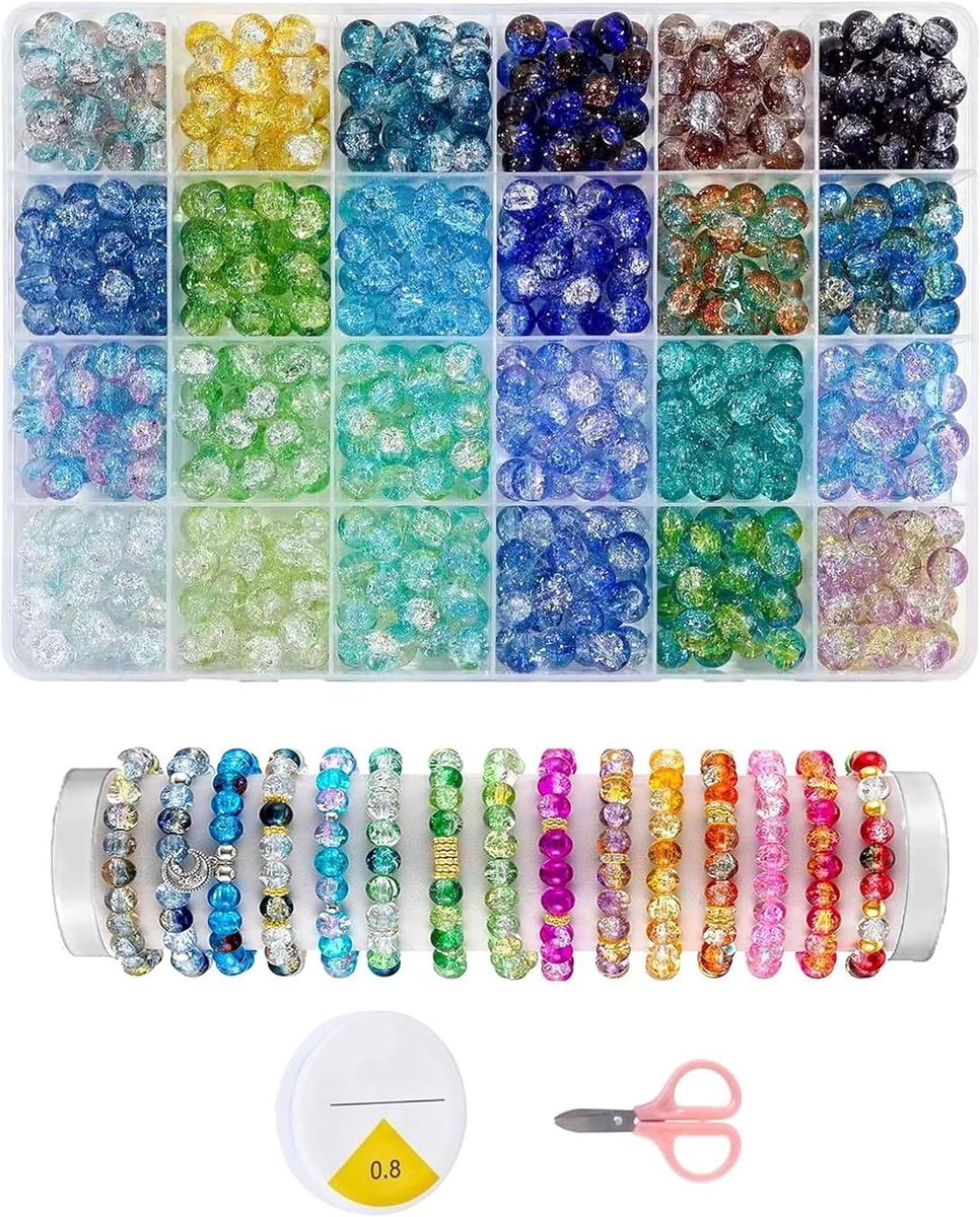Glasparels met crackle-effect, rond, 8 mm, voor armbanden en halskettingen, 520 stuks