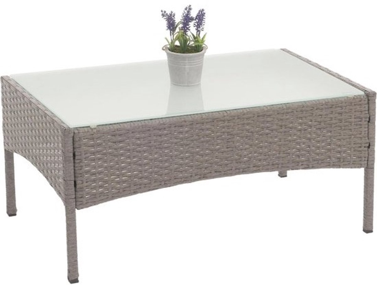 Polyrotan tuintafel met glasplaat - grijs - Bijzettafel voor tuin en woonkamer