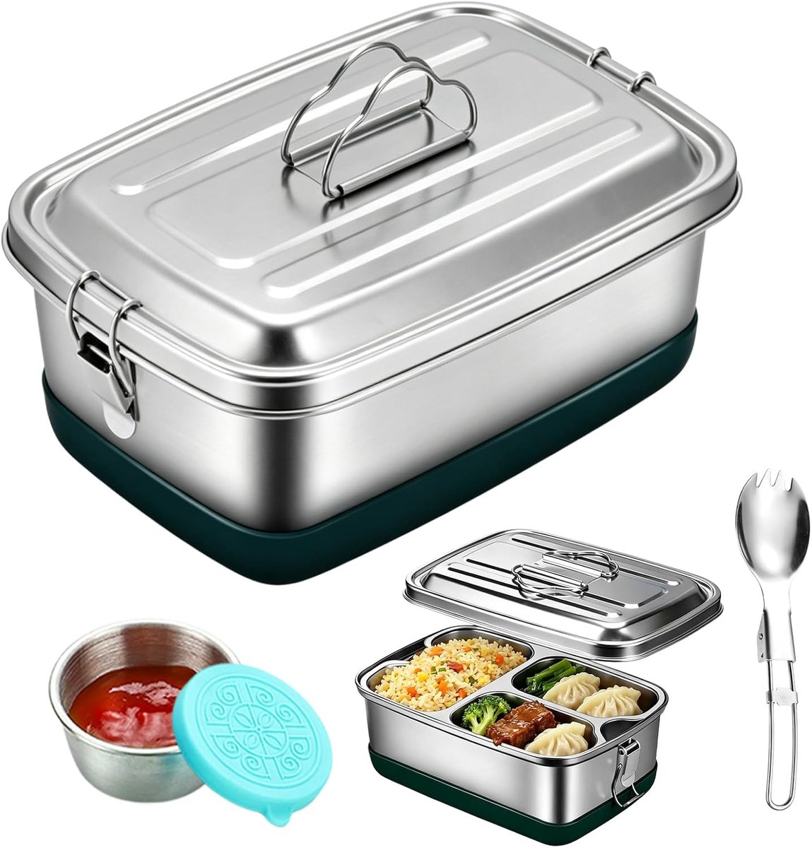 Broodtrommel van roestvrij staal, 2000 ml, robuust en lekvrij, bento box met vakken en afdichtingen, voor school, kleuterschool, picknick en reizen, vaatwasmachinebestendig (zilver)