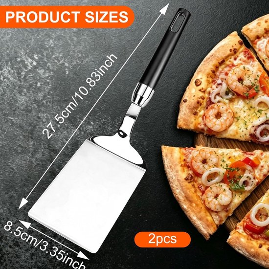 2 stuks, roestvrij staal met snijfunctie, pizzaschep 29 x 9 cm, ergonomische handgreep met gripvast oppervlak, voor zelfgemaakte pizza, brood, cake — afbeelding 2