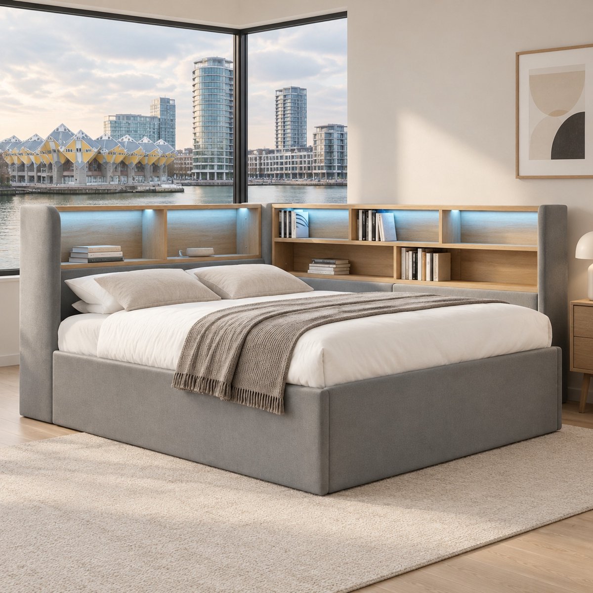 WUVRIE Gestoffeerd bed 140x200 cm met hydraulische opbergruimte, LED, USB en Type-C, grijs