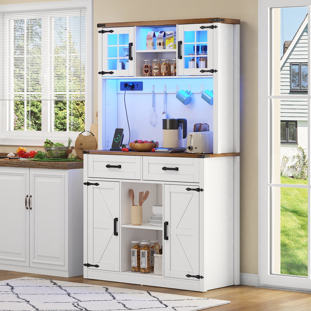 MEUNIQ Barkast en buffetkast 100 x 40 x 172 cm met LED, 2 lades, verstelbare planken, stopcontacten, USB en Type-C, bruin en wit