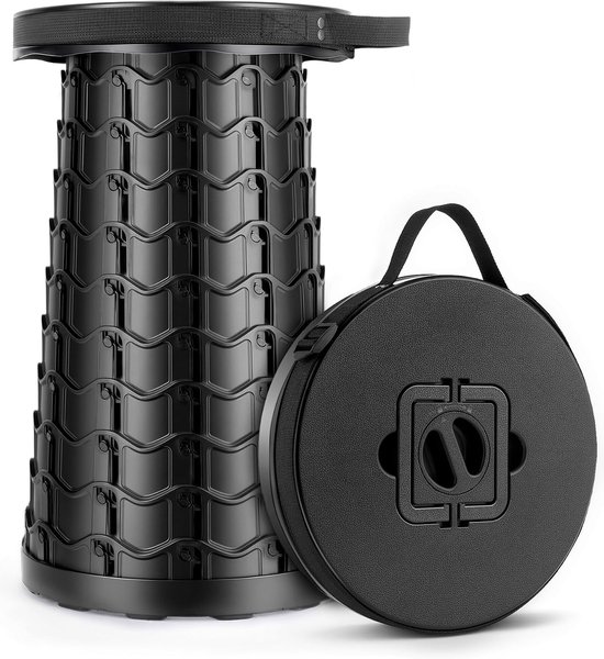 Tabouret télescopique noir, plié et déplié, avec sac de transport.
