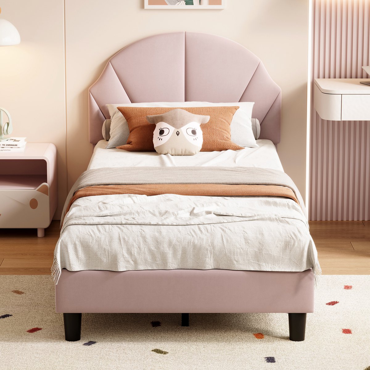 Yelenaro Gestoffeerd kinderbed 90x200 cm, Meisjesbed met verstelbaar hoofdeinde, eenpersoonsbed met lattenbodem, prinsessenbed, tienerbed, Lichtroze, fluweel, zonder matras
