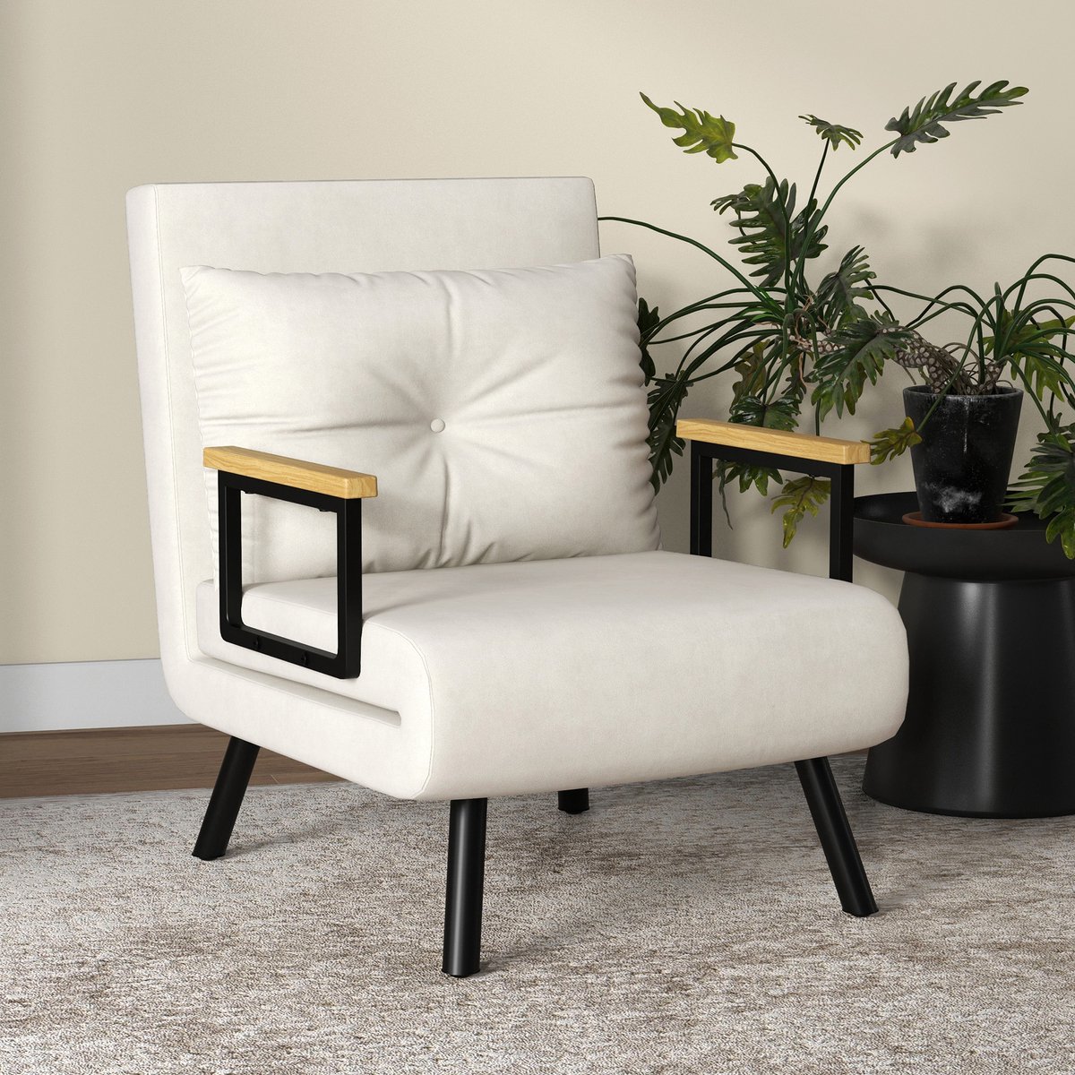 ECTEATOY® Slaapbank 1 Persoons - 4-in-1 slaapstoel met 5 standen - fauteuil- chaise longue en logeerbed - 63 x 73 x 81cm - crèmewit