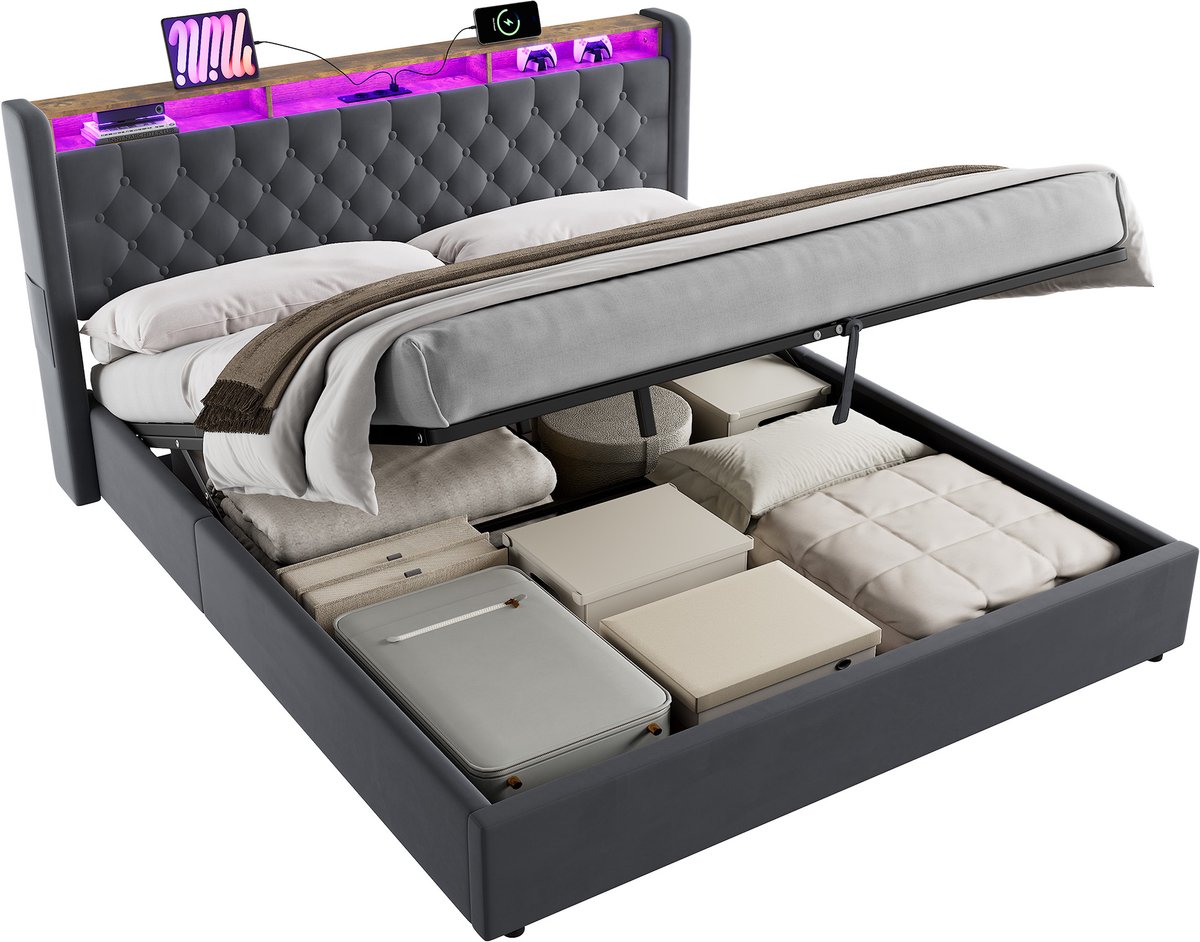 MODFU Fluweel Bed 180x200 cm – Donkergrijs upholstered bed met opbergbaar hoofdbord, groot bedkader & trekkoord – Modern design – Metaal & hout