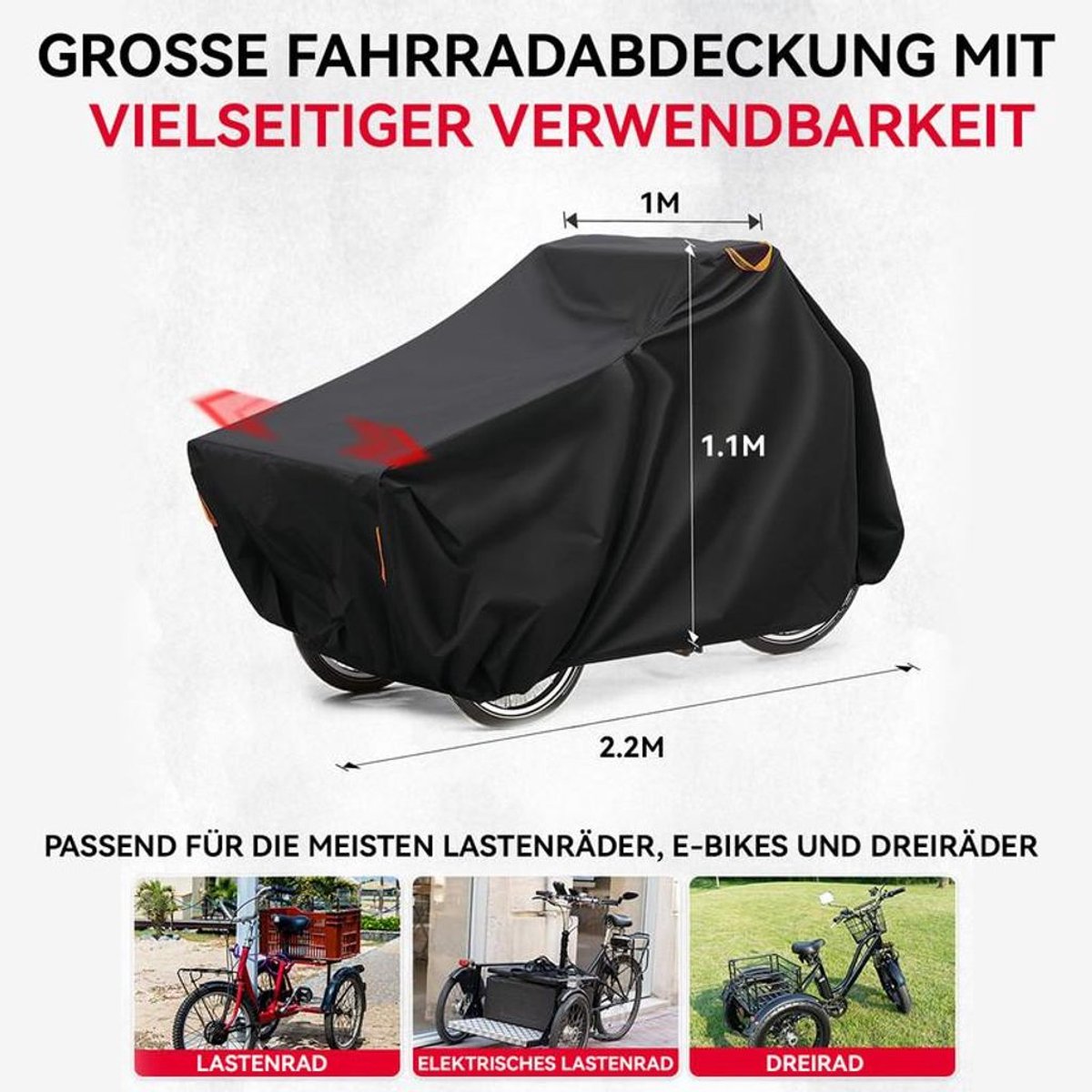 Fietshoes, 210D Oxford-stof – waterdicht, scheurvast, UV-bestendig, sneeuw- en stofbestendig, geschikt voor bakfietsen, afmetingen 2,2 × 1 × 1,1 meter.