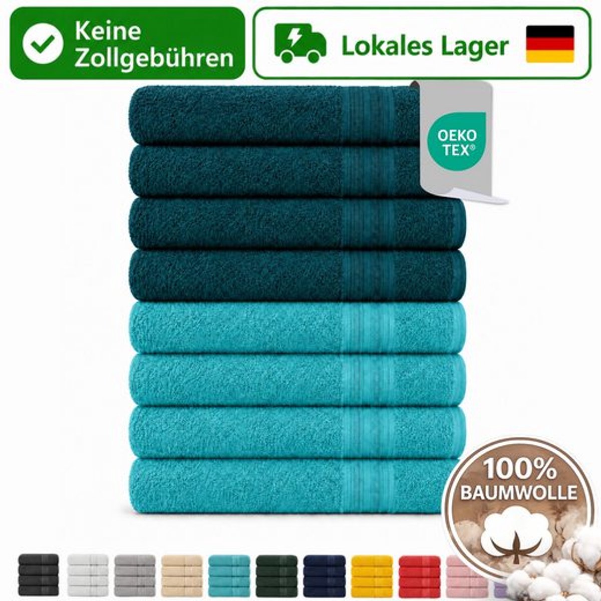 Komfortec Set van 8 Badhanddoek 100x200 cm van 100% Katoen, XXL Saunahanddoek, Grote Douchehanddoek, Zacht & Absorberend, Petroleumblauw&Wit