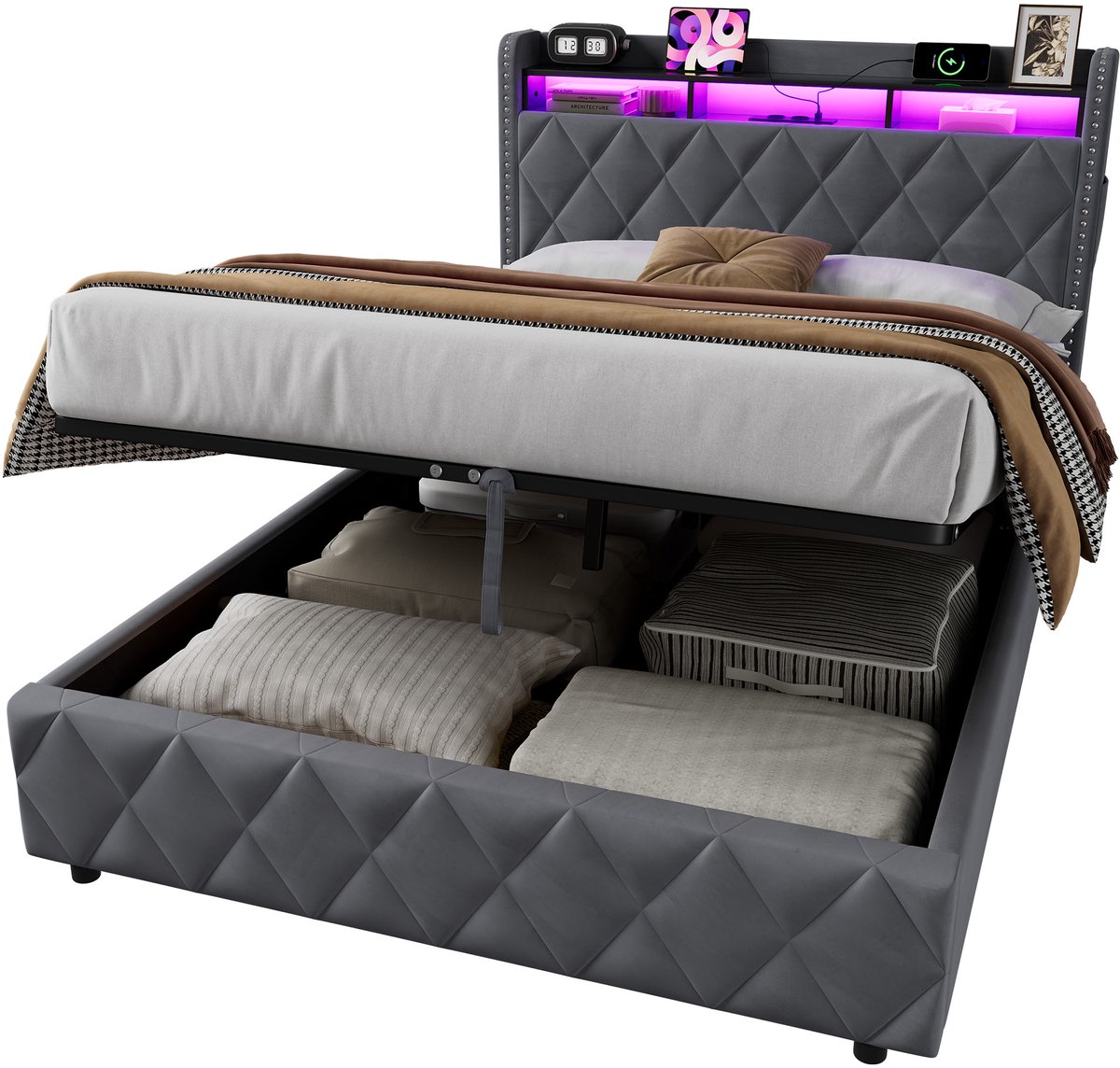 REDOM Opbergbed 140 x 200 cm – Hydraulisch liftsysteem met opbergruimte en LED-verlichting – 2 USB-poorten – Velvet – Donkergrijs
