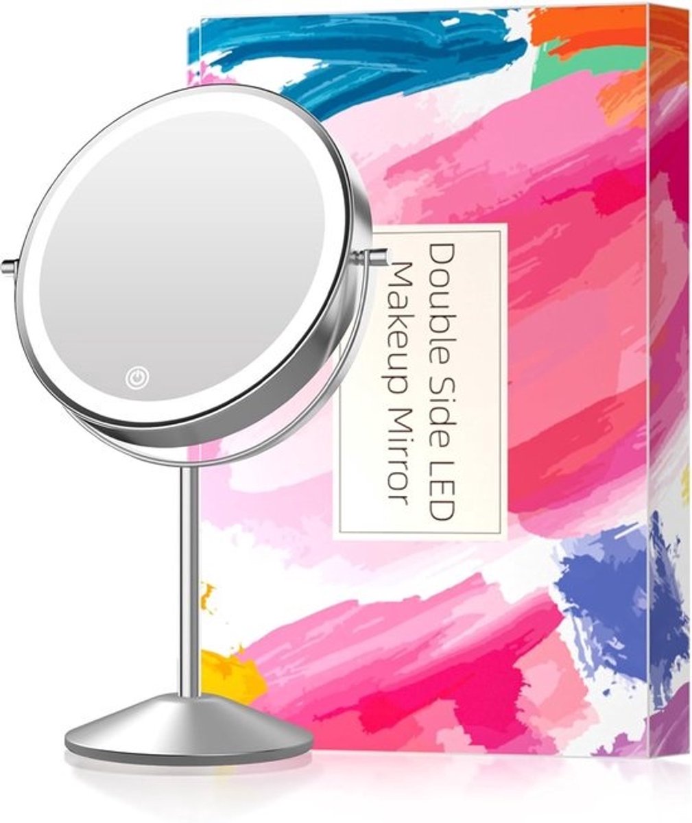 LED-verlichte make-upspiegel - 8 inch oplaadbaar - 10x vergroting - 3 kleuren - dimbaar - aanraakbediening - 360° rotatie - licht op spiegelsnoer