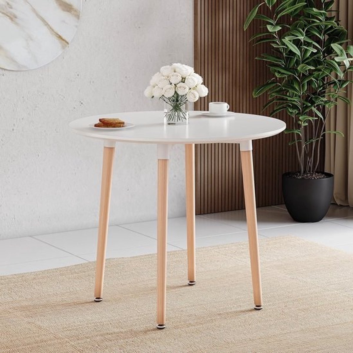 Moderne Ronde Eettafel voor Kleine Keuken en Eetkamers - Compacte 4-Zits Tafel met Natuurlijke Beukenhouten Poten