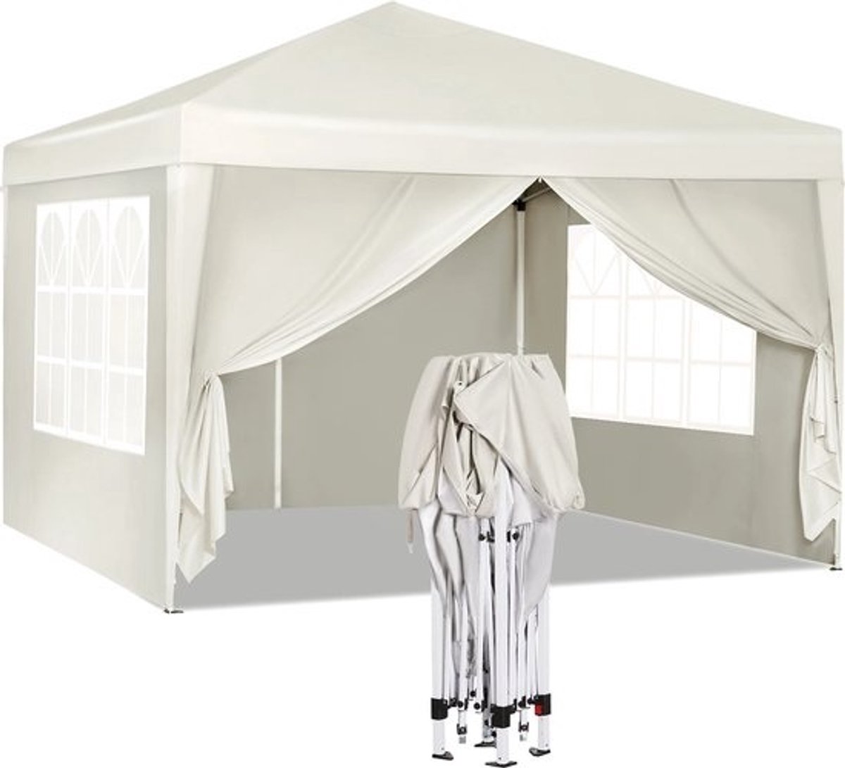 J&R Partytent - Paviljoen - Opvouwbare Luifel - Tuin tent - Waterdicht - Uv Bescherming - met Draagtas - Pavillon - Prieel - Zijpanelen - 3x3m - wit