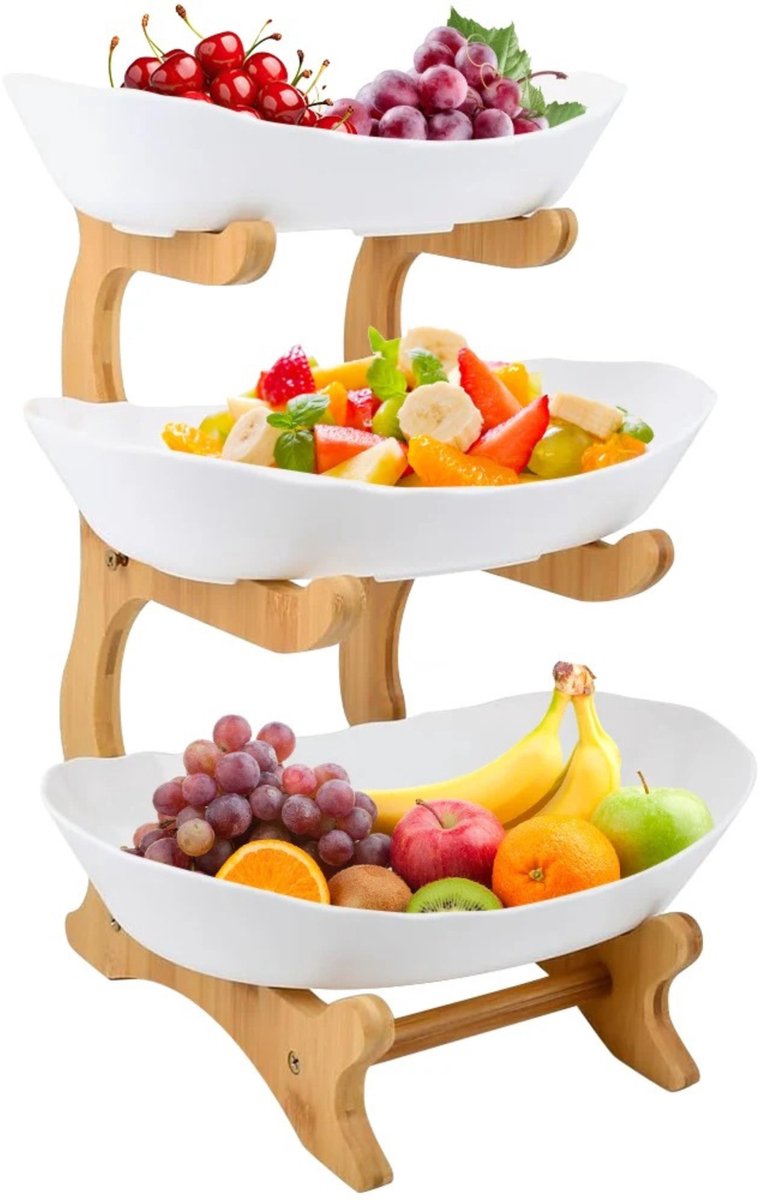 Noventra Etagère 3-Laags - 3 Keramische Schalen – Bamboe Serveerstandaard – Voor Ontbijt, Fruit, Borrel, Hapjes & Stijlvol Serveren