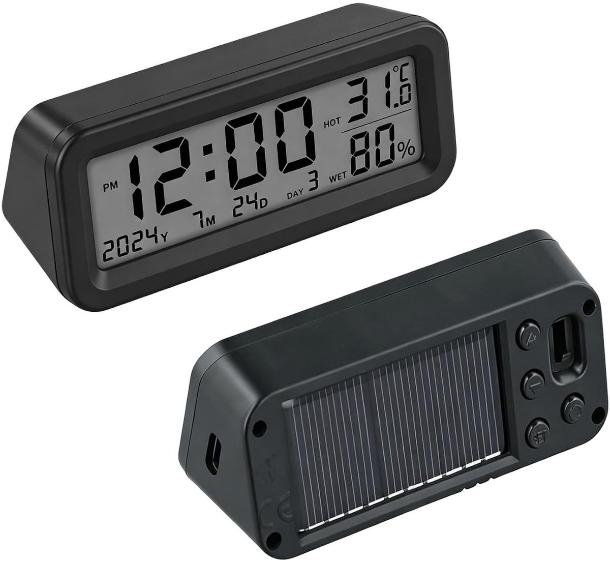 Digitale dashboardklok met zonne-energie, LCD-display, tijd, datum, temperatuur en luchtvochtigheid