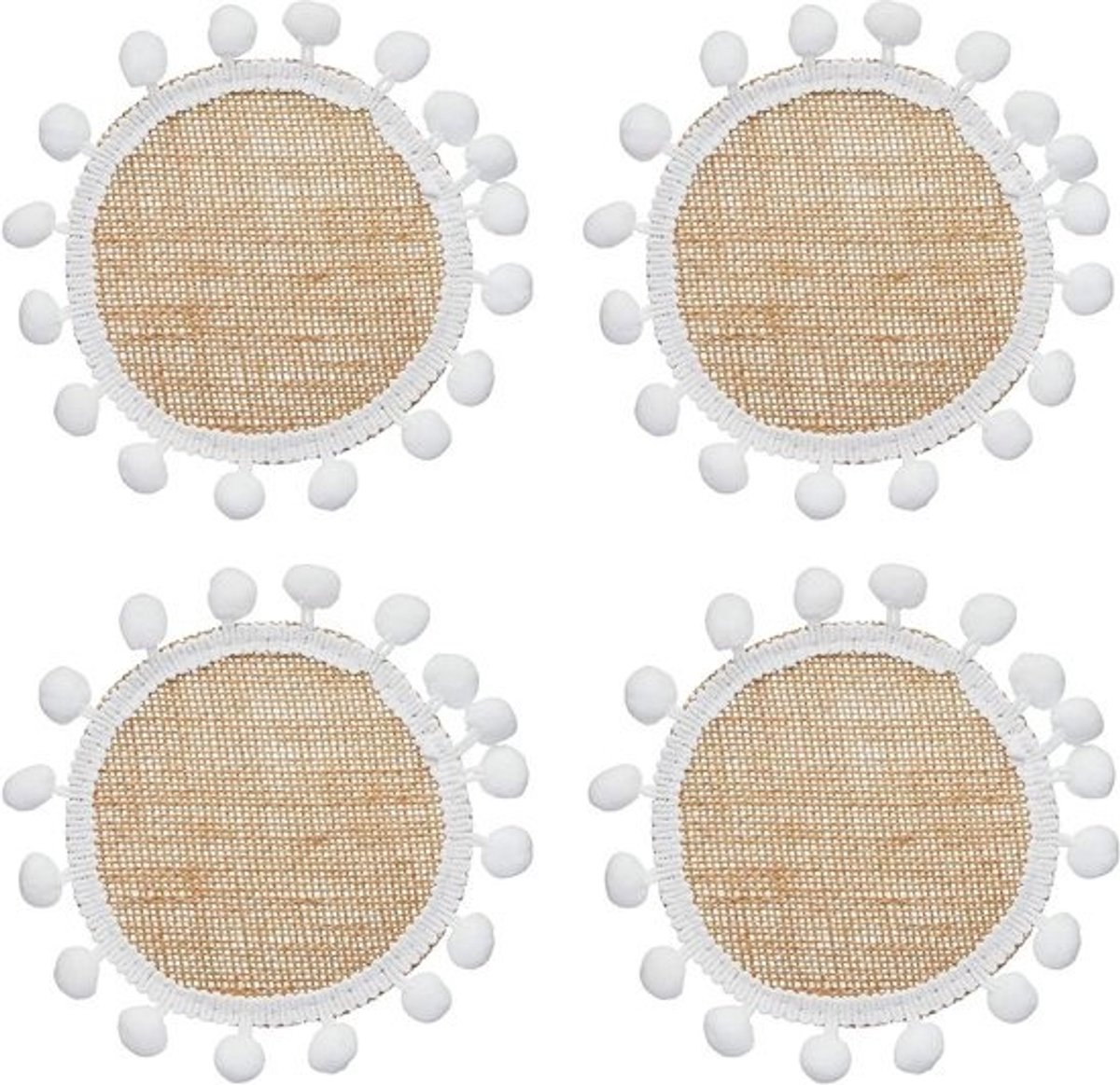 Geweven Juten Onderzetters met Pompomdecoraties - Set van 4 Stuks, 15 Centimeter Medium.