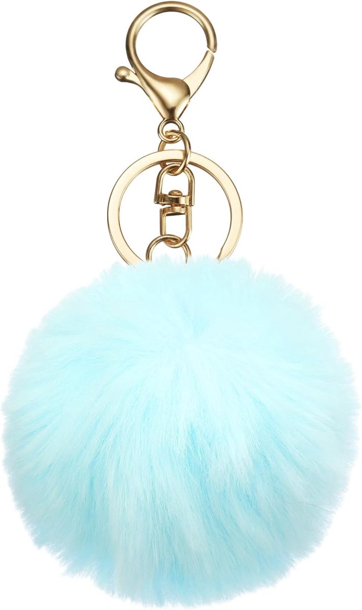 Sleutelhanger met pompon, 8 cm, kunstmatige konijnenvacht, zachte en schattige sleutelhanger met pluche bal, lichtblauw/lichtgoud