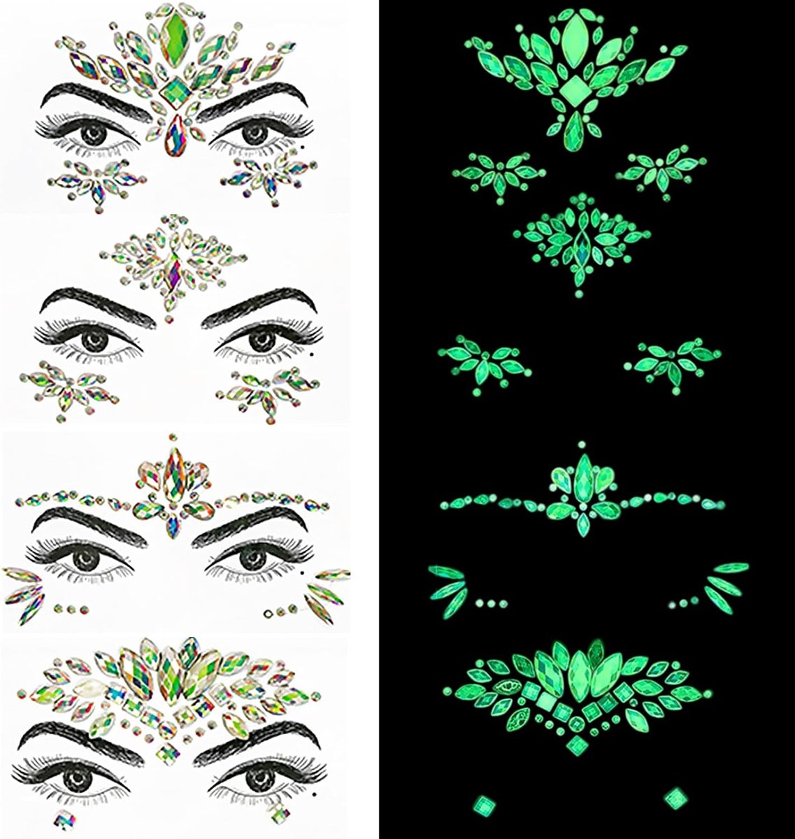 4 stuks gezichtsedelstenen glow in the dark, glitter edelstenen, zelfklevende kristallen gezicht glitter strass ogen lichaam tijdelijke tatoeage voor feest, rave festival, Halloween