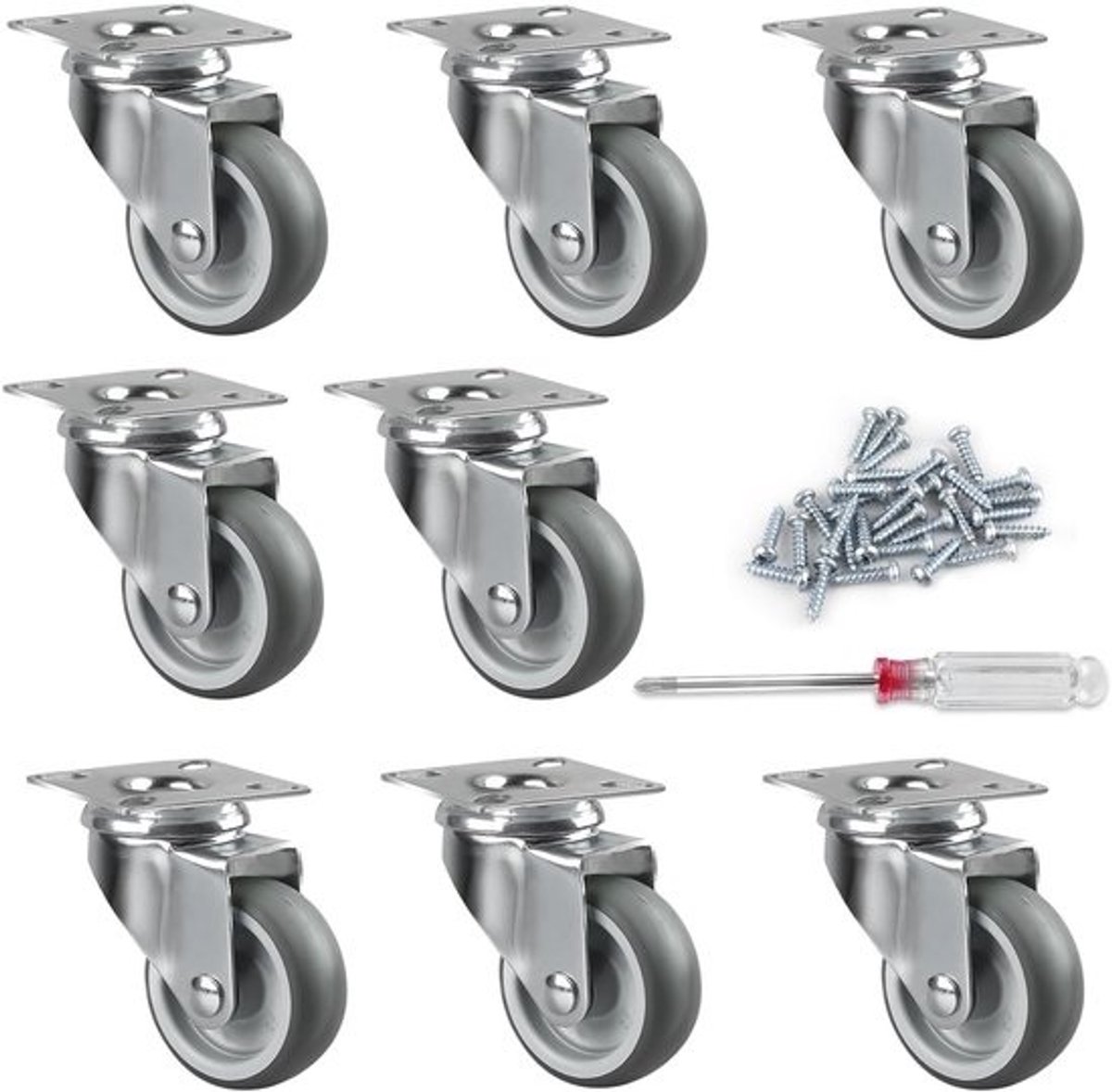 Transportwielen zwenkwielen 50 mm - 8 stuks meubelwielen meubelroller - zwenkplaat 50 kg per roller - kleine zwenkwielen palletmeubels kluisjes - gratis schroevendraaier schroeven