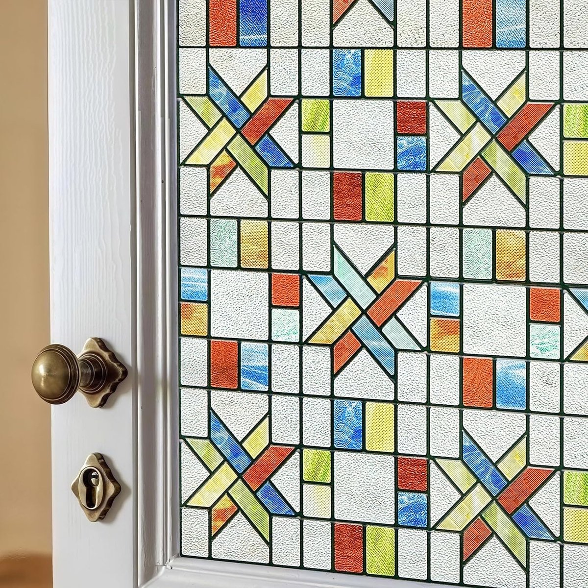 Raamfolie, zelfklevend, 3D, gekleurd glas, raamfolie, zichtwerende folie voor huisdeur, huis, zonwering, Tangram, 44 x 120 cm