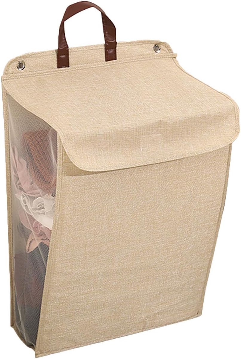 Mounted Laundry Hamper Self Compressing Organizer Foldable Dirty Clothes Basket with Lid Breathable Shockproof Clothes Storage Narrow Laundry Bin (Beige-M)
