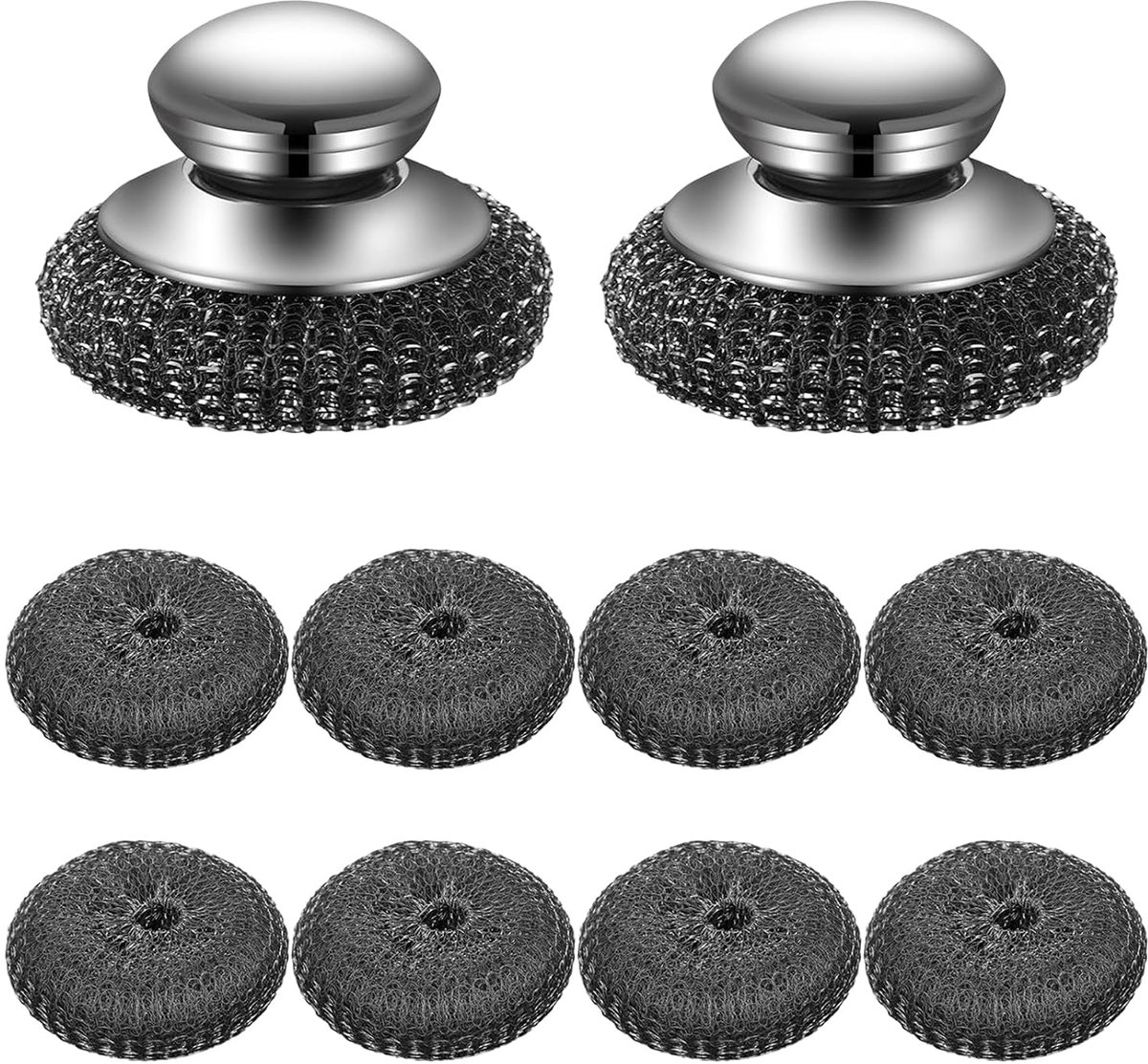 10 stuks staalwol schrobber (2 magnetische borstels met kogelkop en 8 reserveballen), keukenreinigingsgereedschap voor het reinigen van servies, pannen, grillplaten