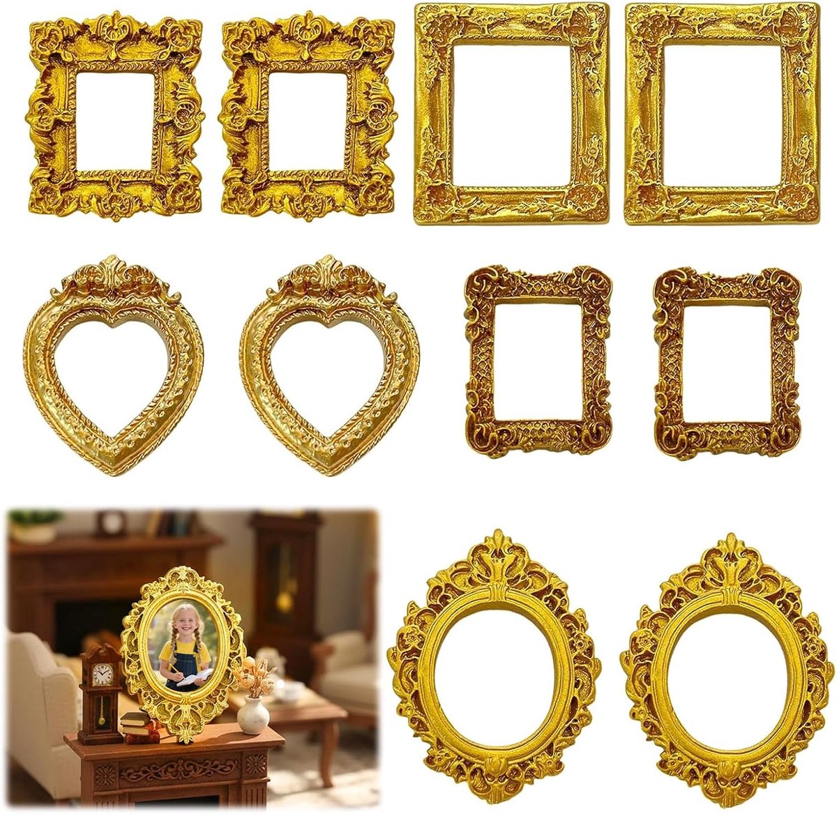 10 stuks, mini-vintage fotolijst, barok fotolijst van kunsthars, kleine gouden fotolijsten voor doe-het-zelf sieraden, display, tafeldecoratie, wanddecoratie
