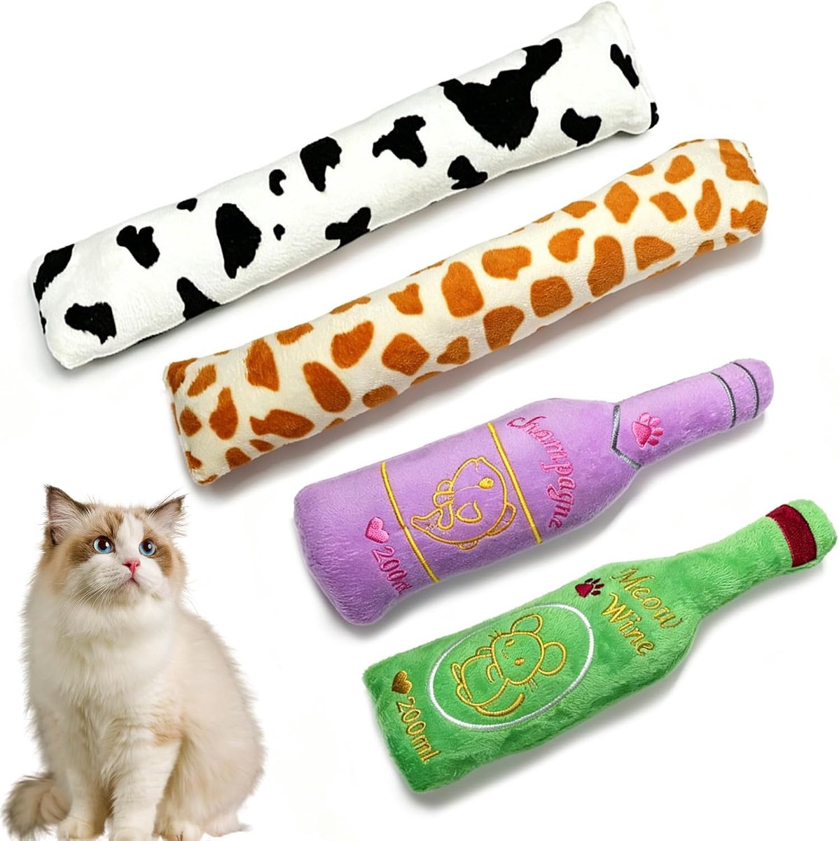 Speelgoed, 4 stuks zachte pluche kussens met kattenkruid en PP-katoenen vulling, knetterend interactief kattenmuntkussen voor verveling (2 stuks kussens + 2 stuks