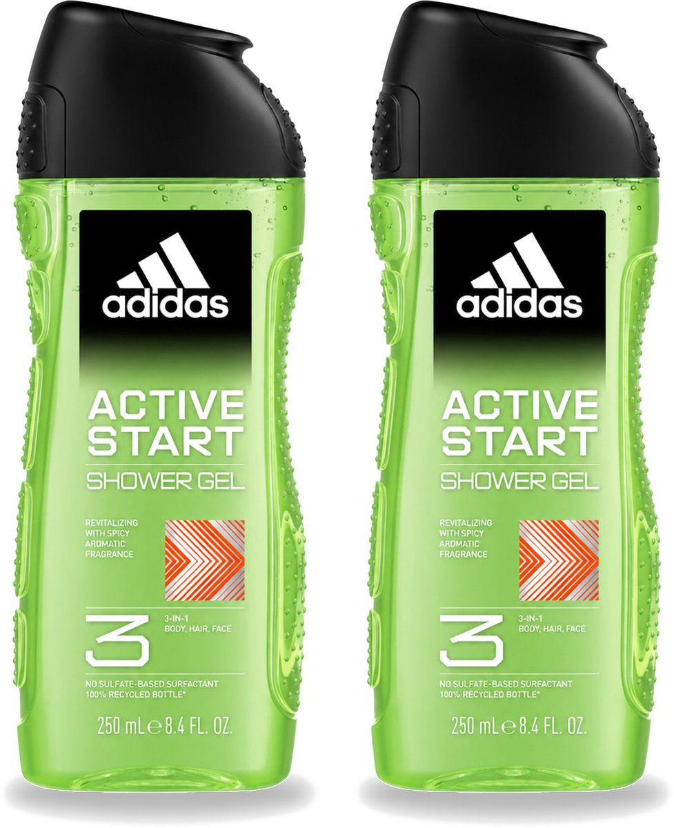 2 x Adidas - 3-in-1 Douchegel - Active Start - Kruidige Geur - Gerecyclede Verpakking - 250 ml - Voordeelverpakking - 2 stuks