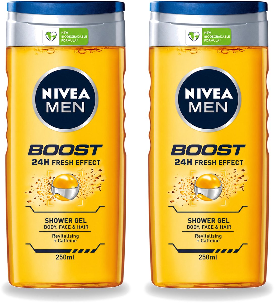 2 x Nivea - Men - Boost Douchegel - 24 Uur Lang Effect - 250 ml - Voordeelverpakking - 2 stuks