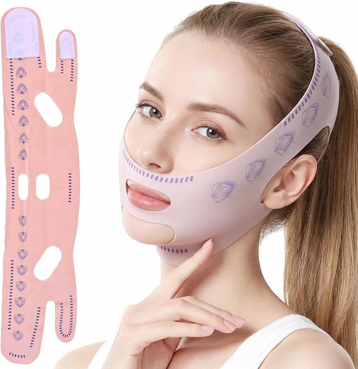 Liftmasker voor Dubbele Kin, Gezichtscontouren en Huidverjonging - Ademend en Comfortabel, Roze Vlinderprint