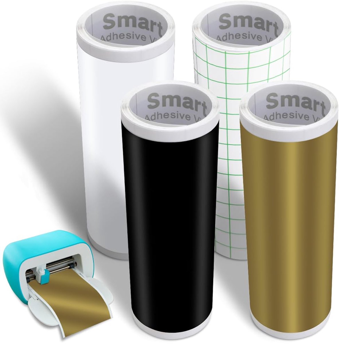 4 rollen smart vinyl permanent voor Cricut Joy, zelfklevende plotterfolie in zwart, wit, goud en transferfolie, 14 x 200 cm per rol